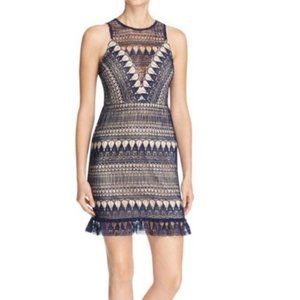 Aqua Bloomingdales Embroidered Lace Navy Blue Tan Sleeveless Cocktail Dress XS